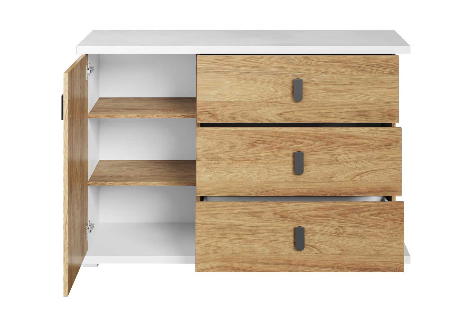 Commode 1 porte et 3 tiroirs blanche et chêne