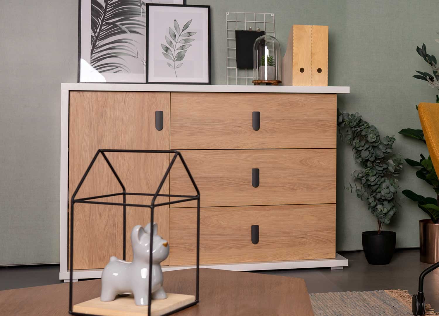 Commode 1 porte et 3 tiroirs blanche et chêne