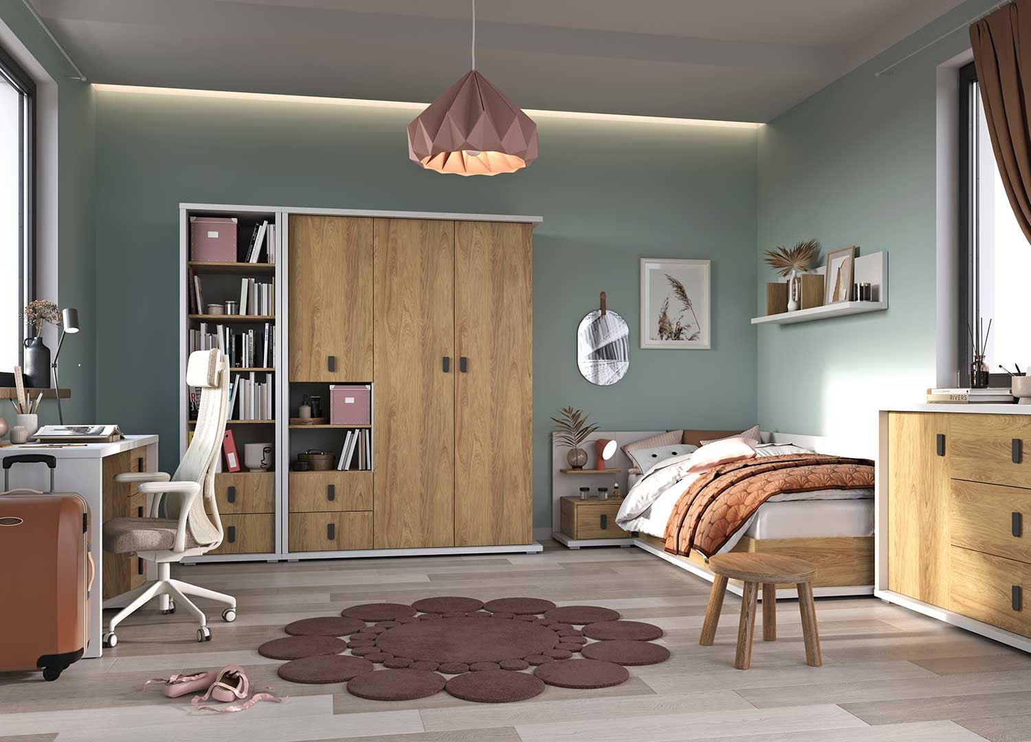 Commode 1 porte et 3 tiroirs blanche et chêne