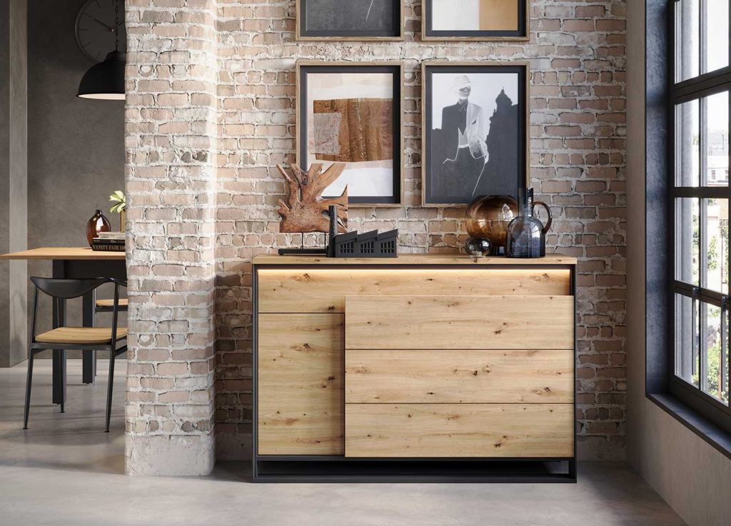 Commode 1 porte et 4 tiroirs à LED chêne artisan et noir Edge
