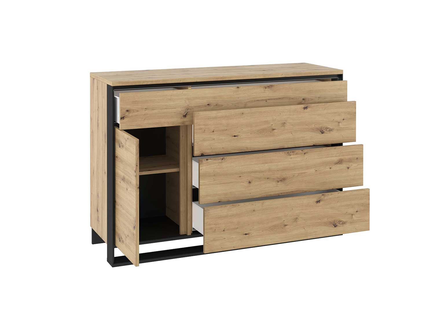Commode 1 porte et 4 tiroirs à LED chêne artisan et noir Edge