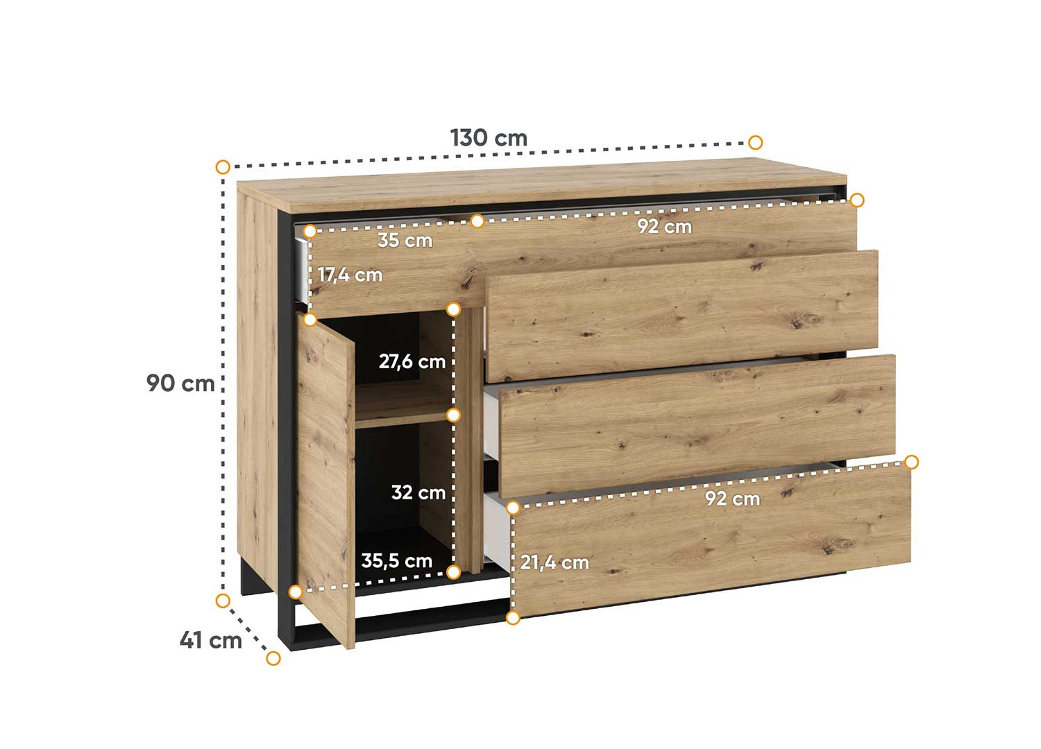 Commode 1 porte et 4 tiroirs à LED chêne artisan et noir Edge