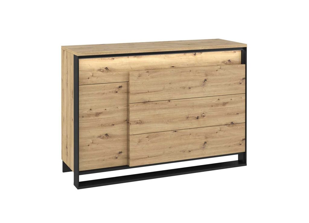 Commode 1 porte et 4 tiroirs à LED chêne artisan et noir Edge
