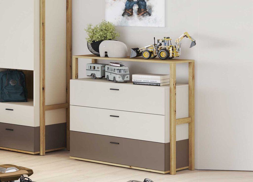 Commode 3 tiroirs chambre enfant taupe et beige