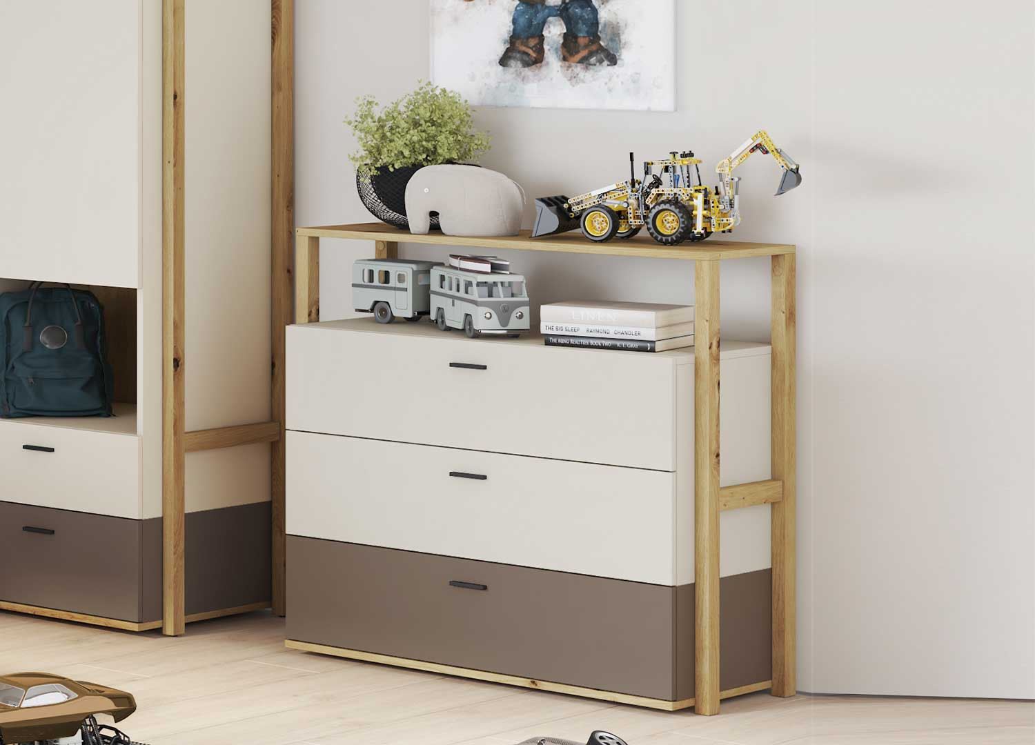 Commode 3 tiroirs chambre enfant taupe et beige