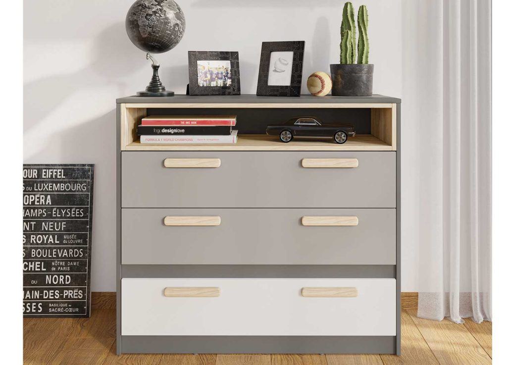 Commode 3 tiroirs et 1 niche grise et blanche