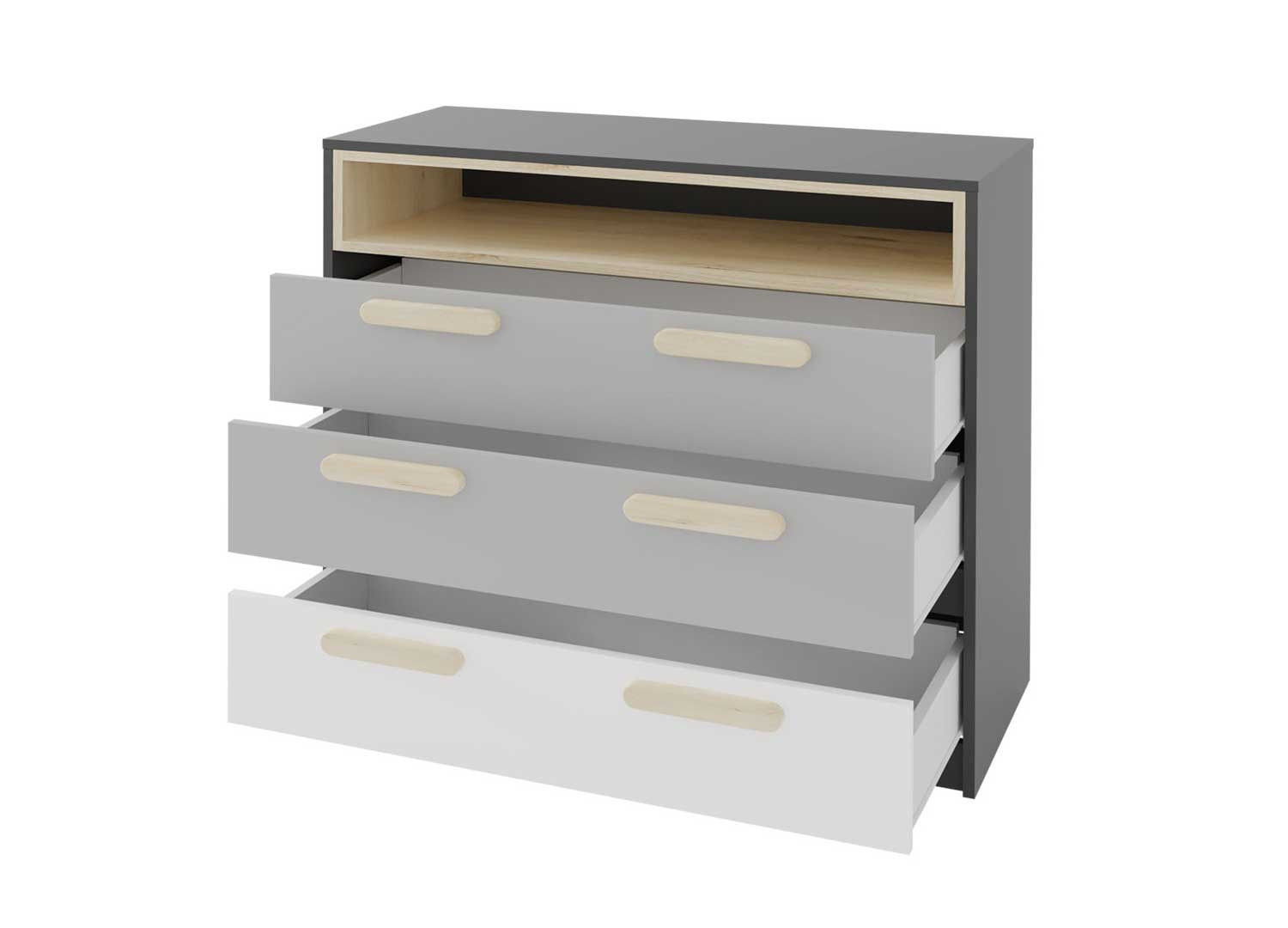 Commode 3 tiroirs et 1 niche grise et blanche