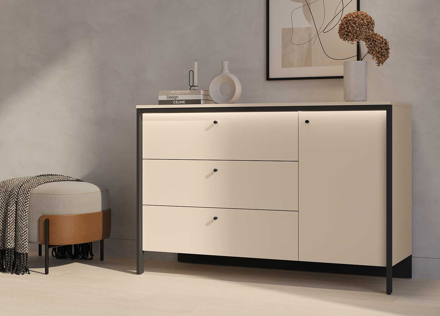 Commode 3 tiroirs et 1 porte beige et noir à LED Natura