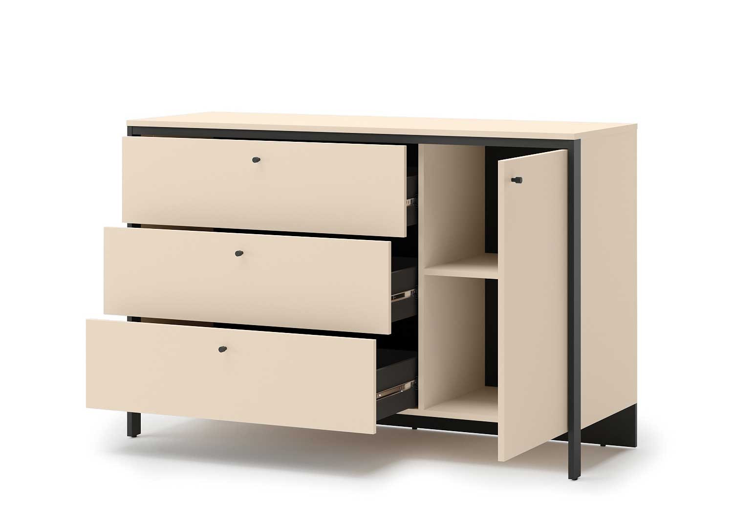 Commode 3 tiroirs et 1 porte beige et noir à LED Natura