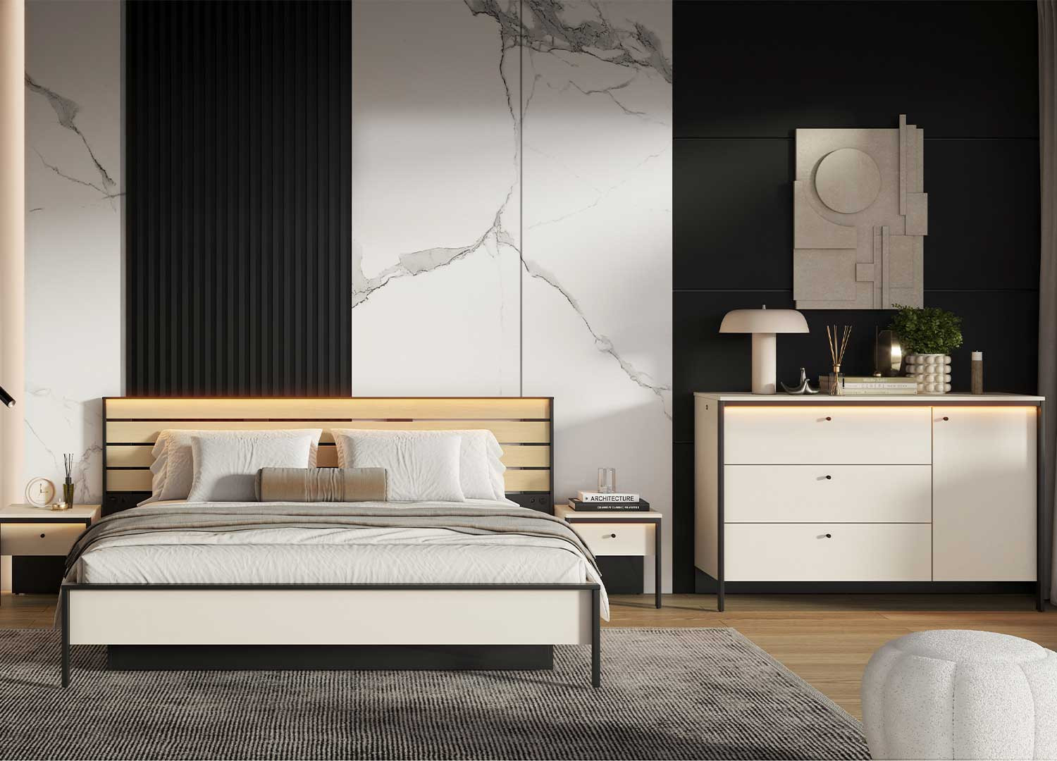 Commode 3 tiroirs et 1 porte beige et noir à LED Natura
