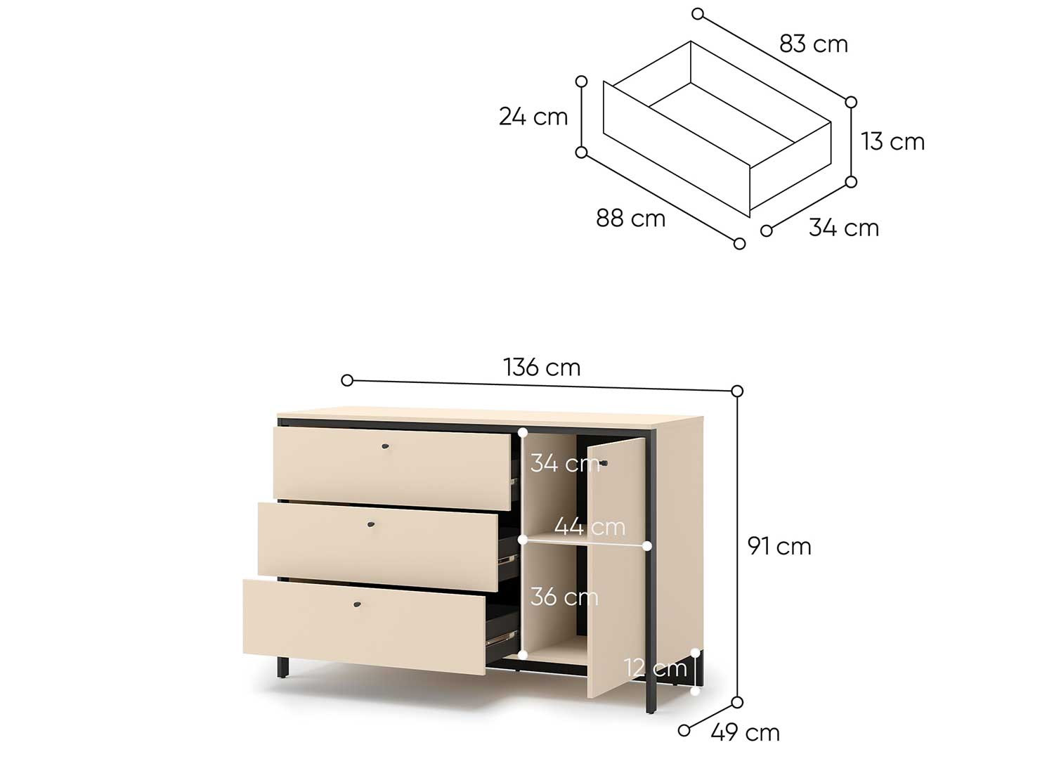 Commode 3 tiroirs et 1 porte beige et noir à LED Natura