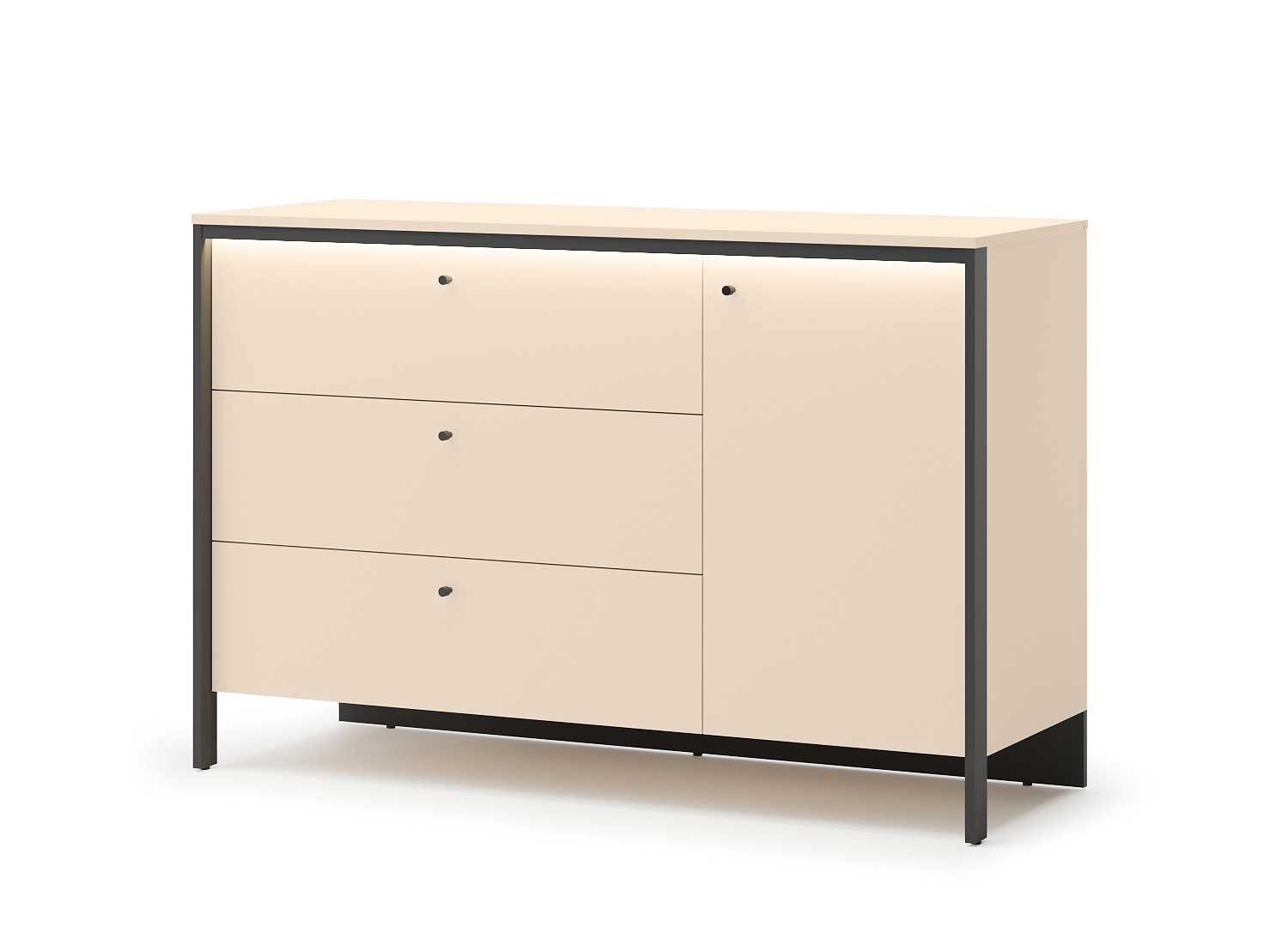 Commode 3 tiroirs et 1 porte beige et noir à LED Natura