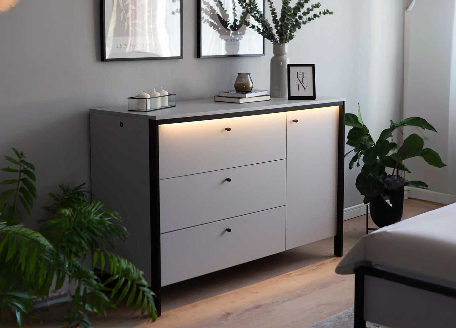 Commode 3 tiroirs et 1 porte grise et noir avec éclairage
