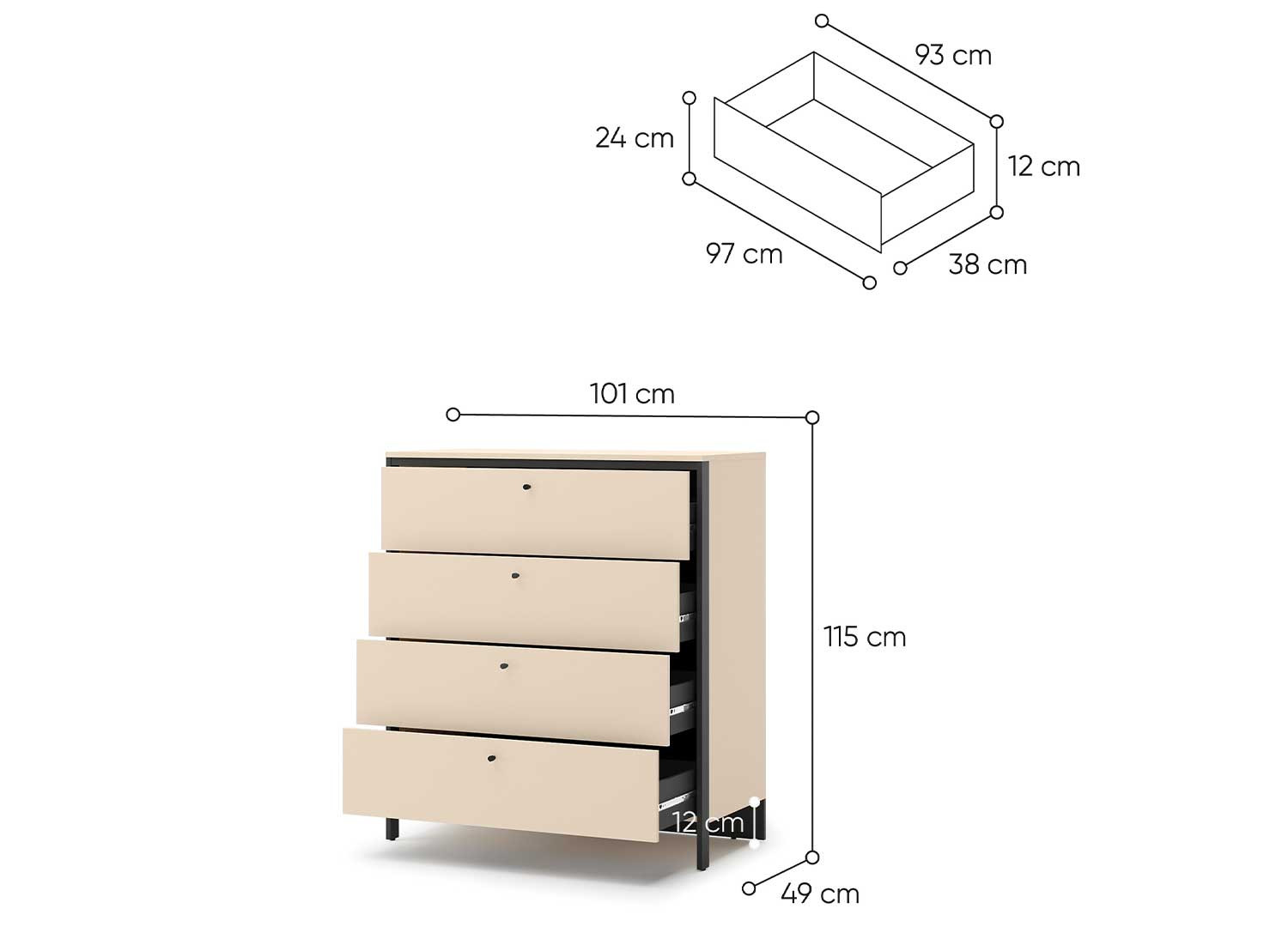 Commode 4 tiroirs beige et noir à LED Natura