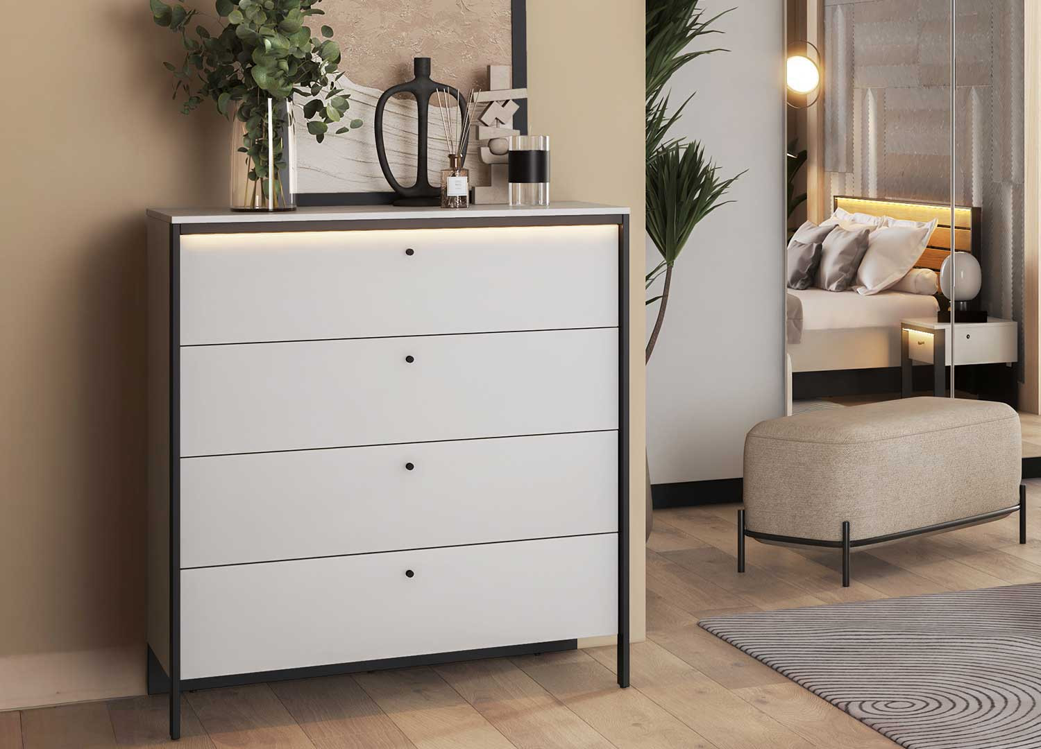 Commode 4 tiroirs grise et noir avec éclairage