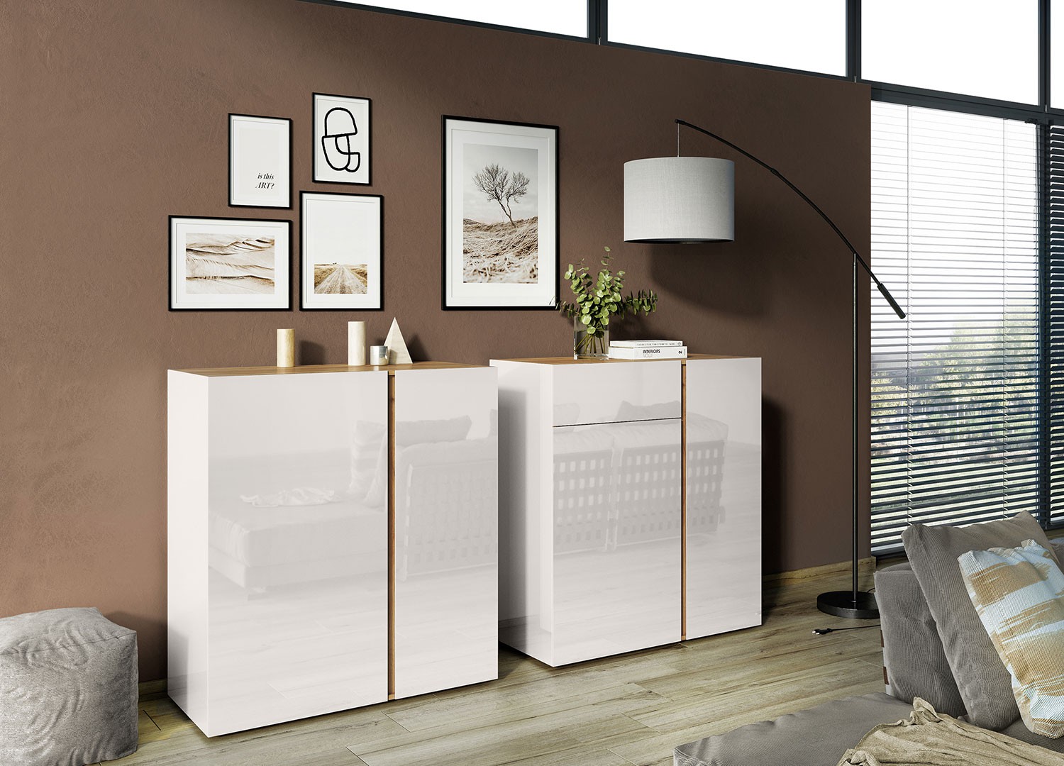 Commode cachemire et chêne 2 portes et 1 tiroir