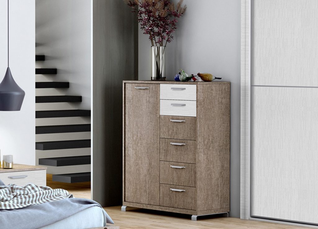 Commode chêne/blanc structuré 6 tiroirs - 1 porte BAIX 104