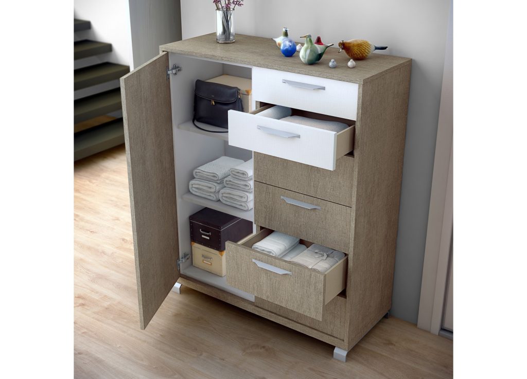 Commode chêne/blanc structuré 6 tiroirs - 1 porte BAIX 104