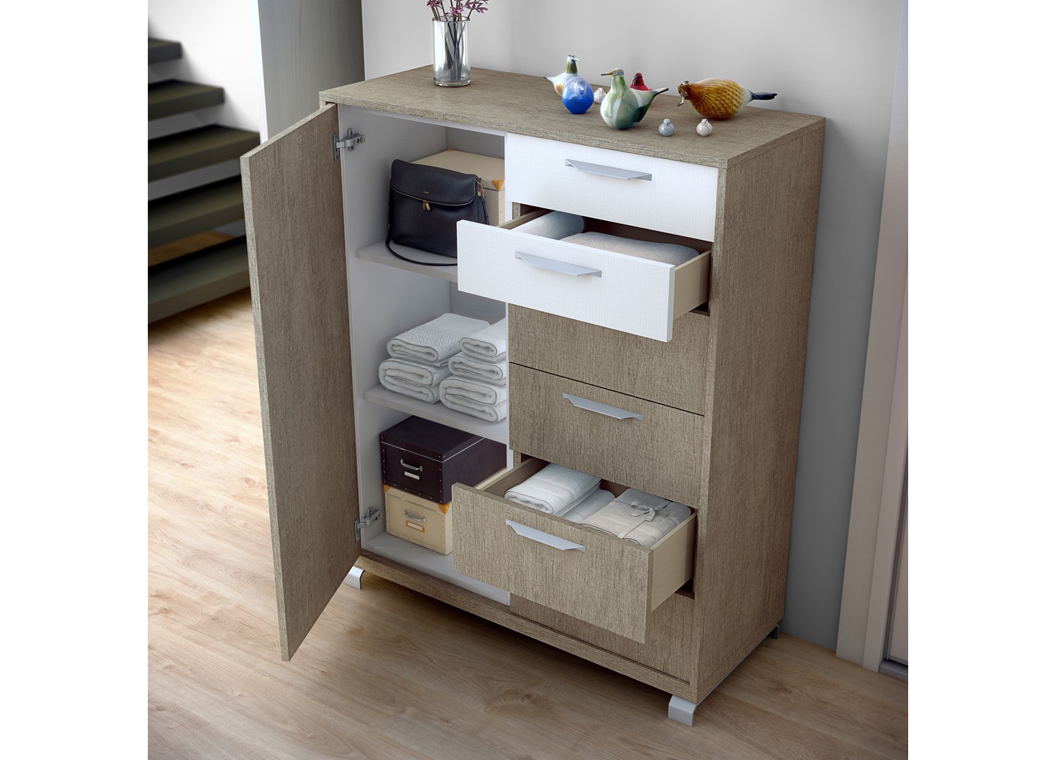 Commode chêne/blanc structuré 6 tiroirs - 1 porte BAIX 104