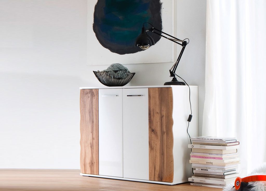 Commode design blanche et bois 2 portes