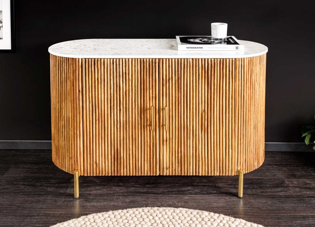 Commode en manguier 2 portes plateau marbre blanc Riven