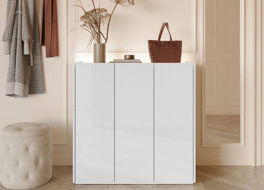 Commode moderne blanc brillant et chêne 95 cm avec éclairage Onda