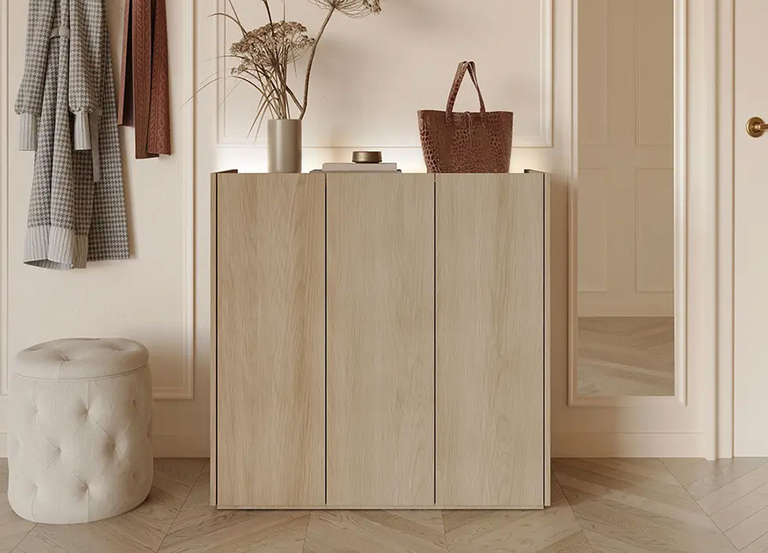 Commode moderne chêne et blanc brillant 95 cm à LED Onda