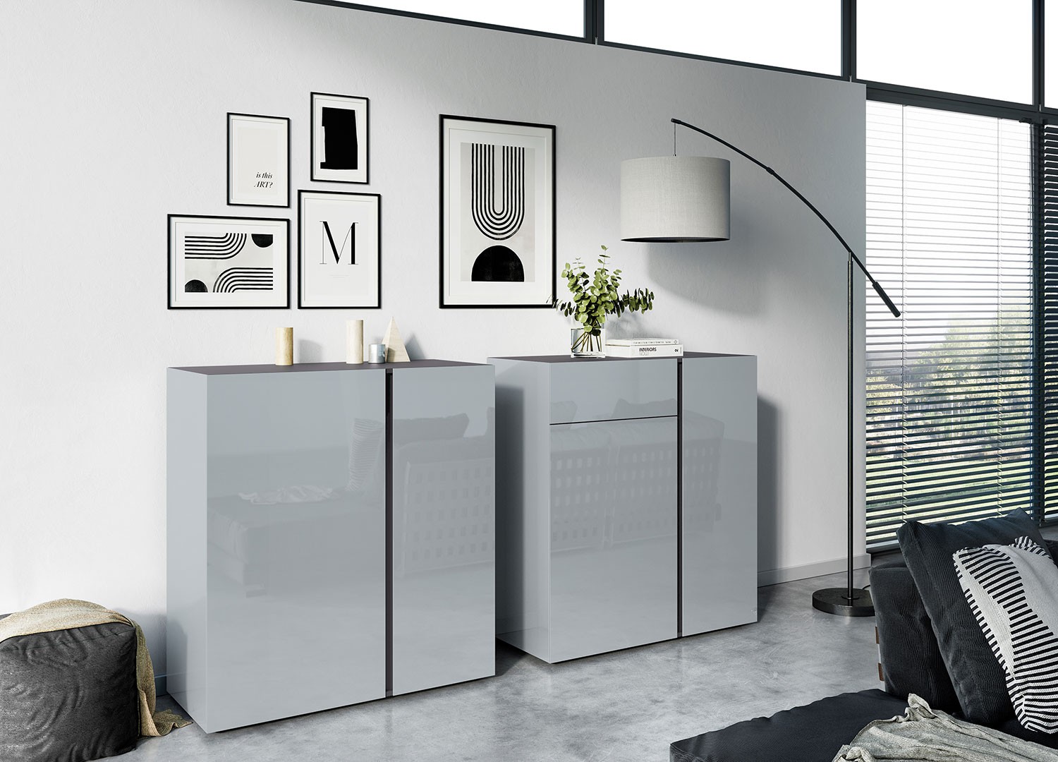 Commode verre gris 2 portes et 1 tiroir