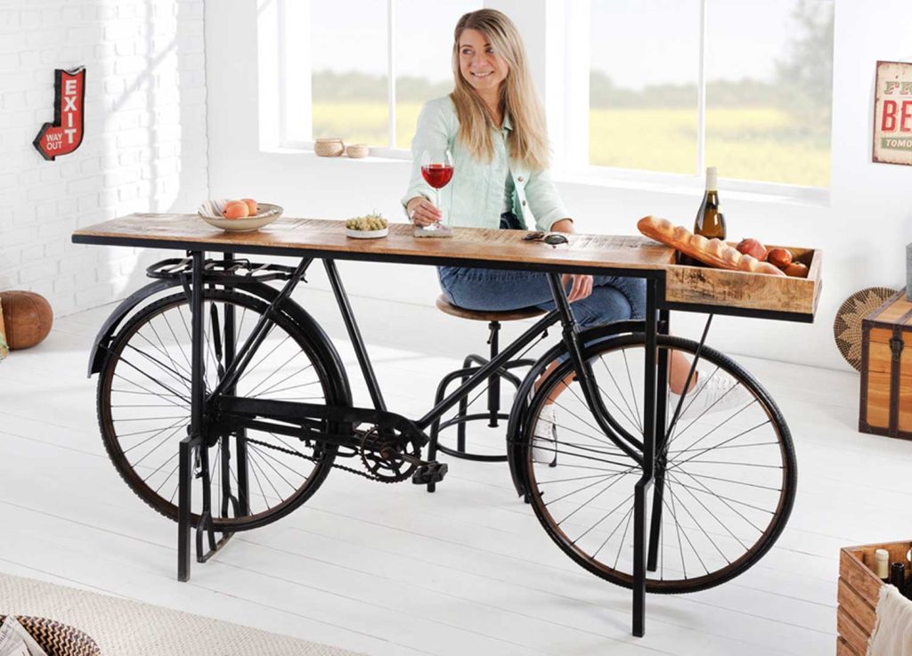 Console bicyclette en bois de manguier et métal noir 194 cm Cyclo