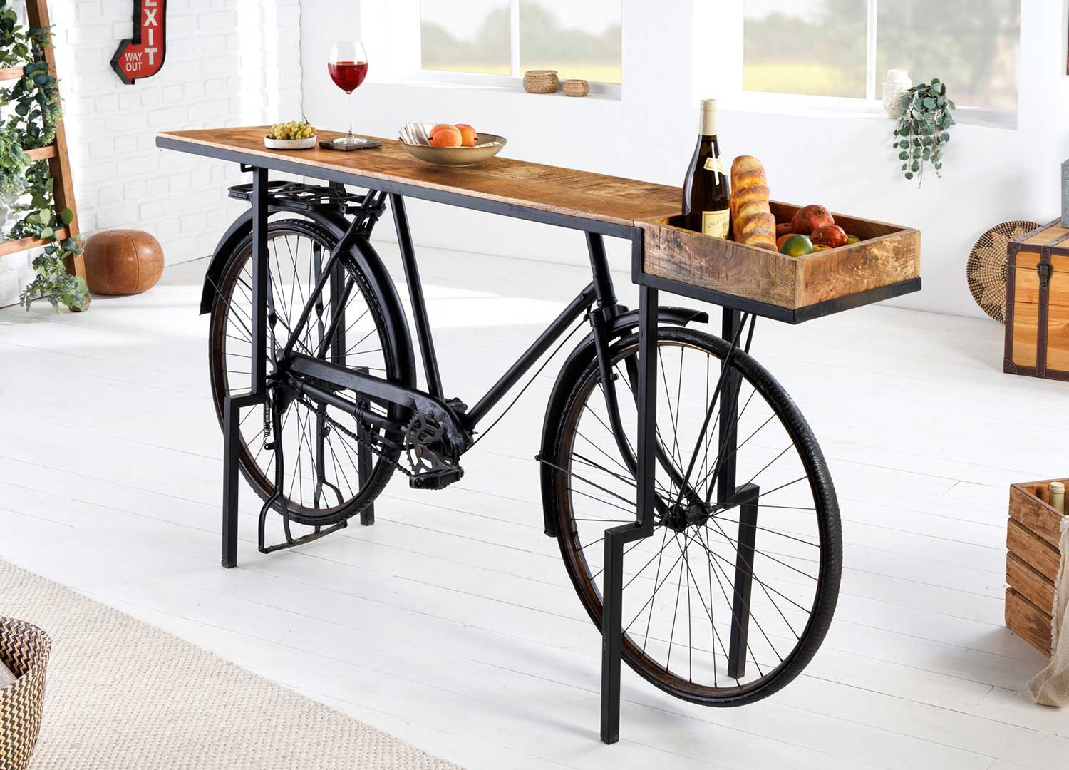 Console bicyclette en bois de manguier et métal noir 194 cm Cyclo