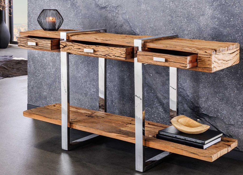 Console en bois massif et acier chromé 3 tiroirs