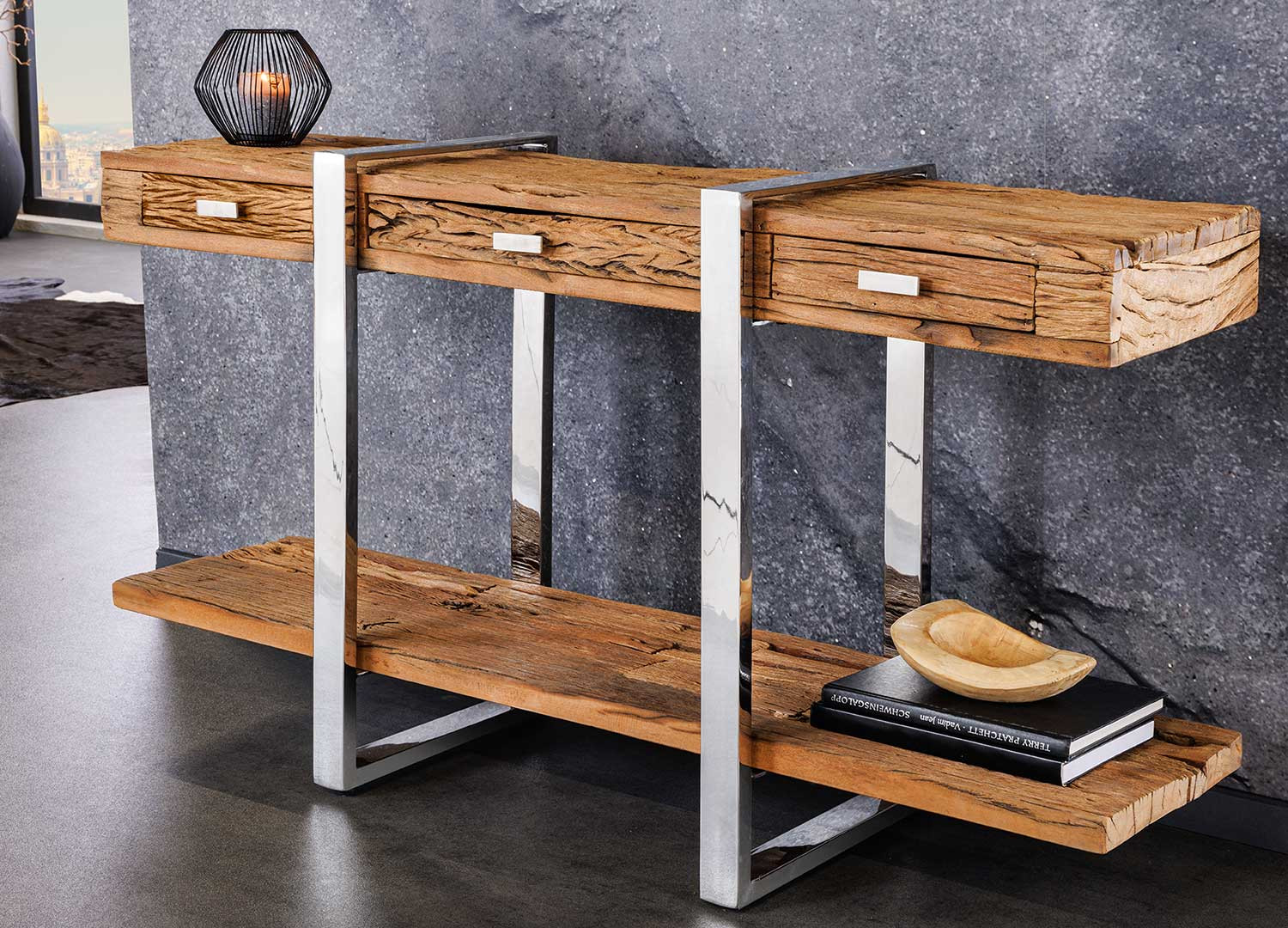 Console en bois massif et acier chromé 3 tiroirs