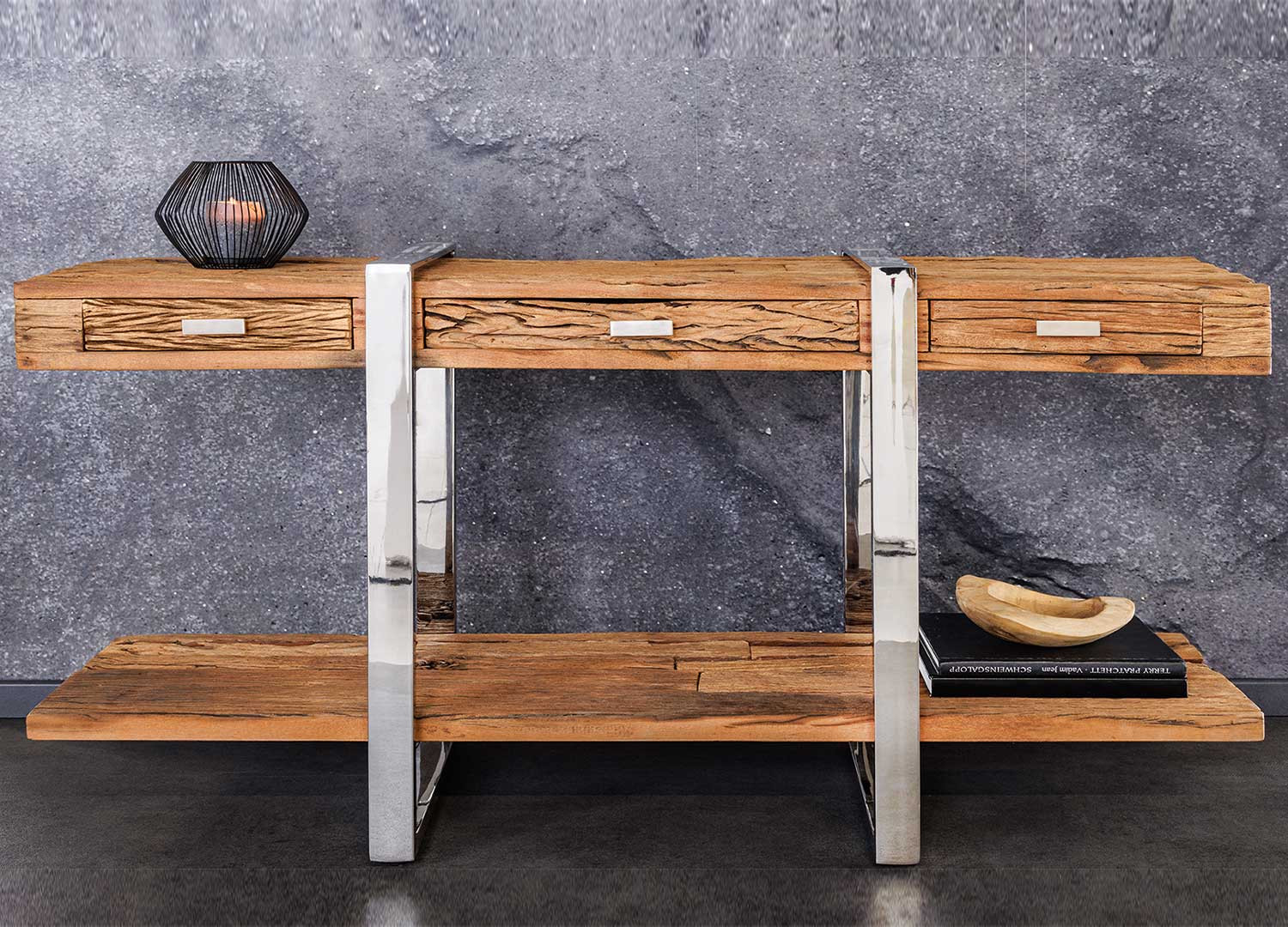 Console en bois massif et acier chromé 3 tiroirs