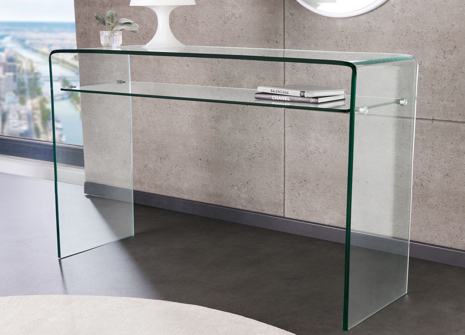 Console en verre de 1m avec étagère
