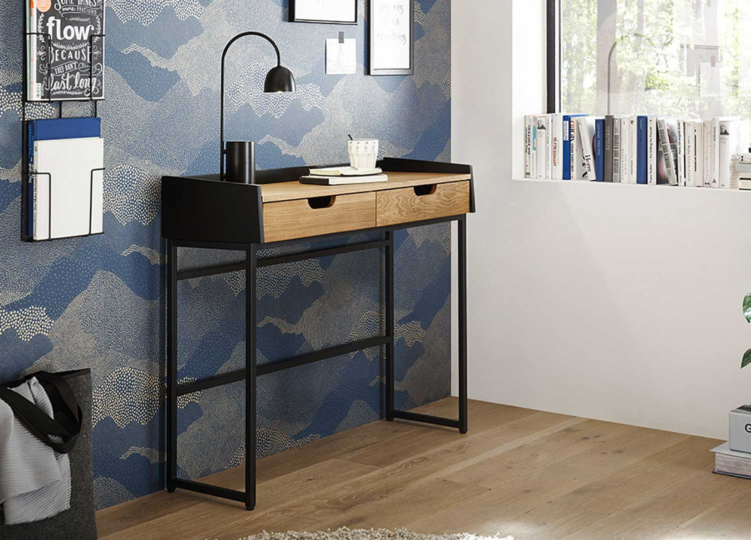 Console meuble 2 tiroirs chêne et noir