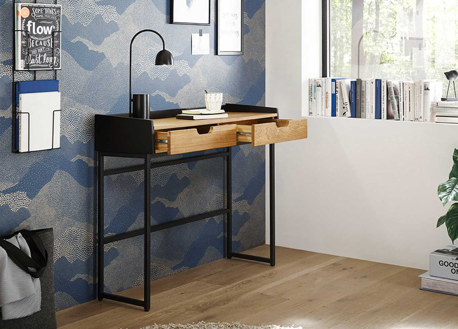 Console meuble 2 tiroirs chêne et noir