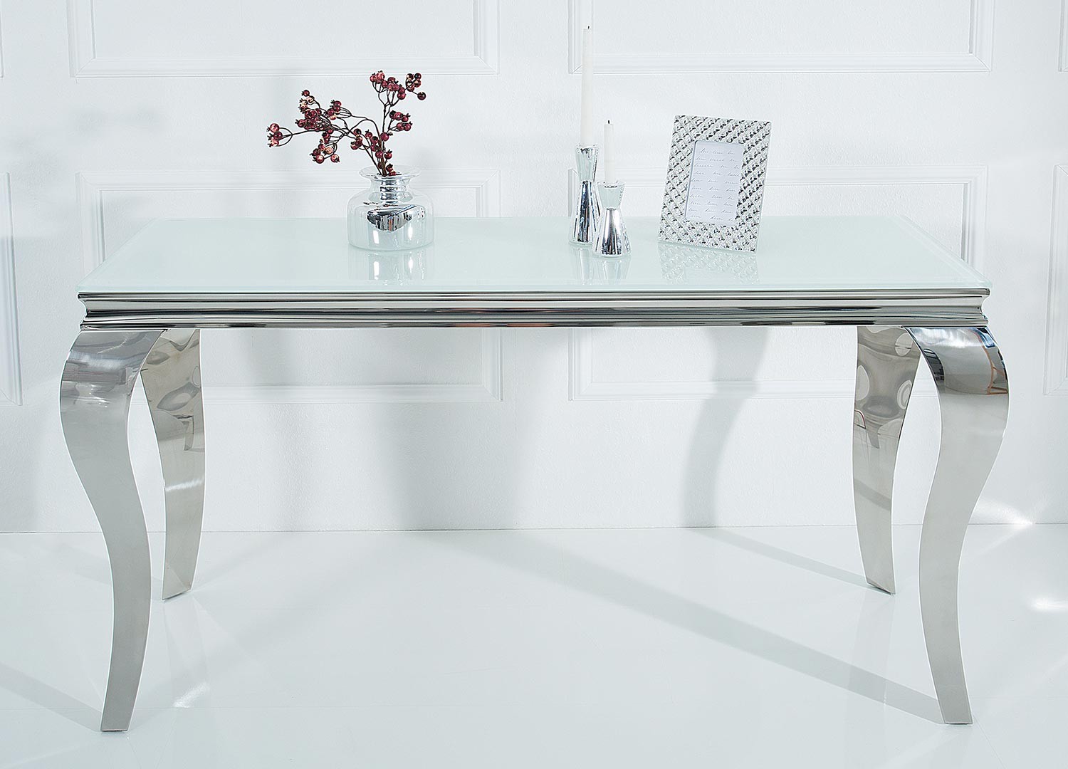 Console moderne baroque verre opale blanc et pied en acier poli