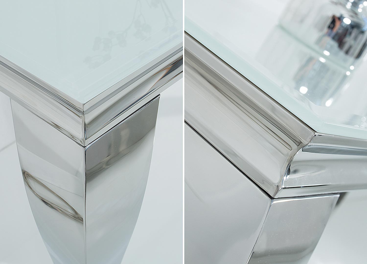 Console moderne baroque verre opale blanc et pied en acier poli