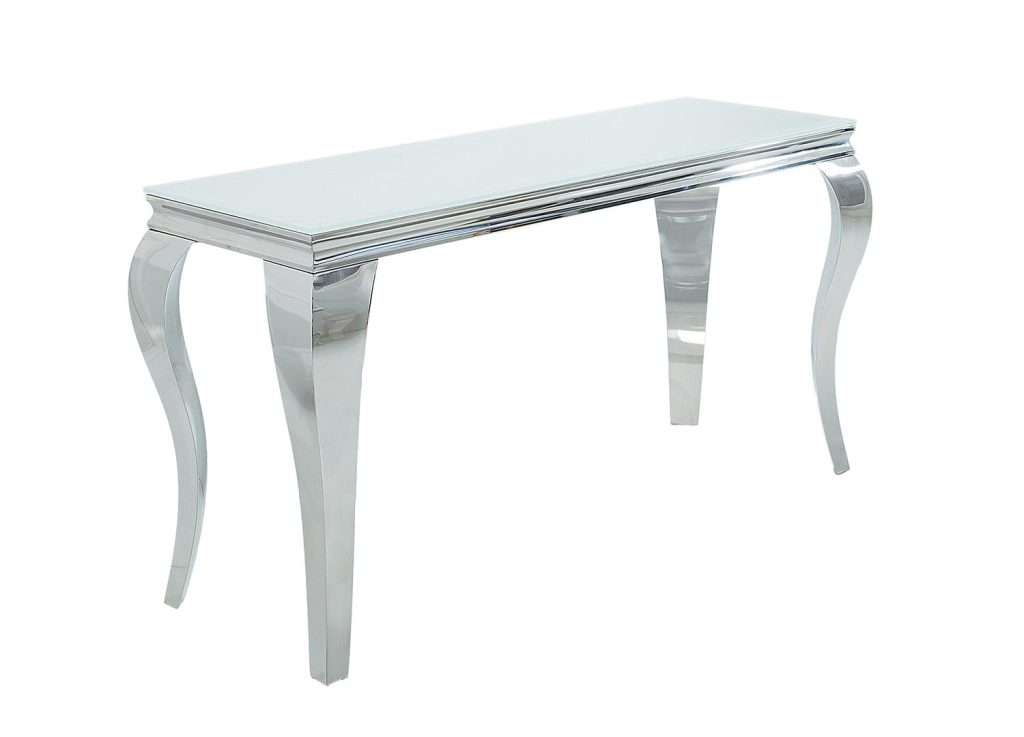 Console moderne baroque verre opale blanc et pied en acier poli
