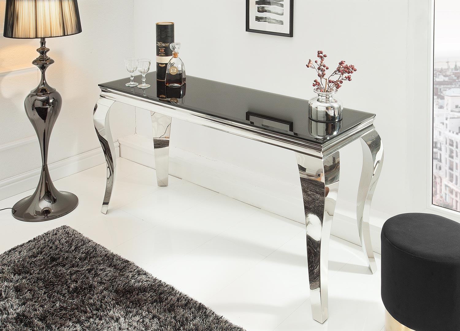 Console moderne baroque verre opale noir et pied en acier poli