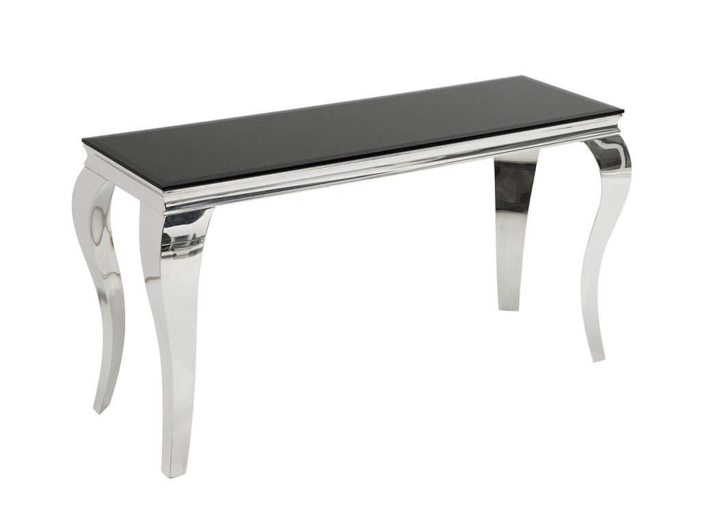 Console moderne baroque verre opale noir et pied en acier poli