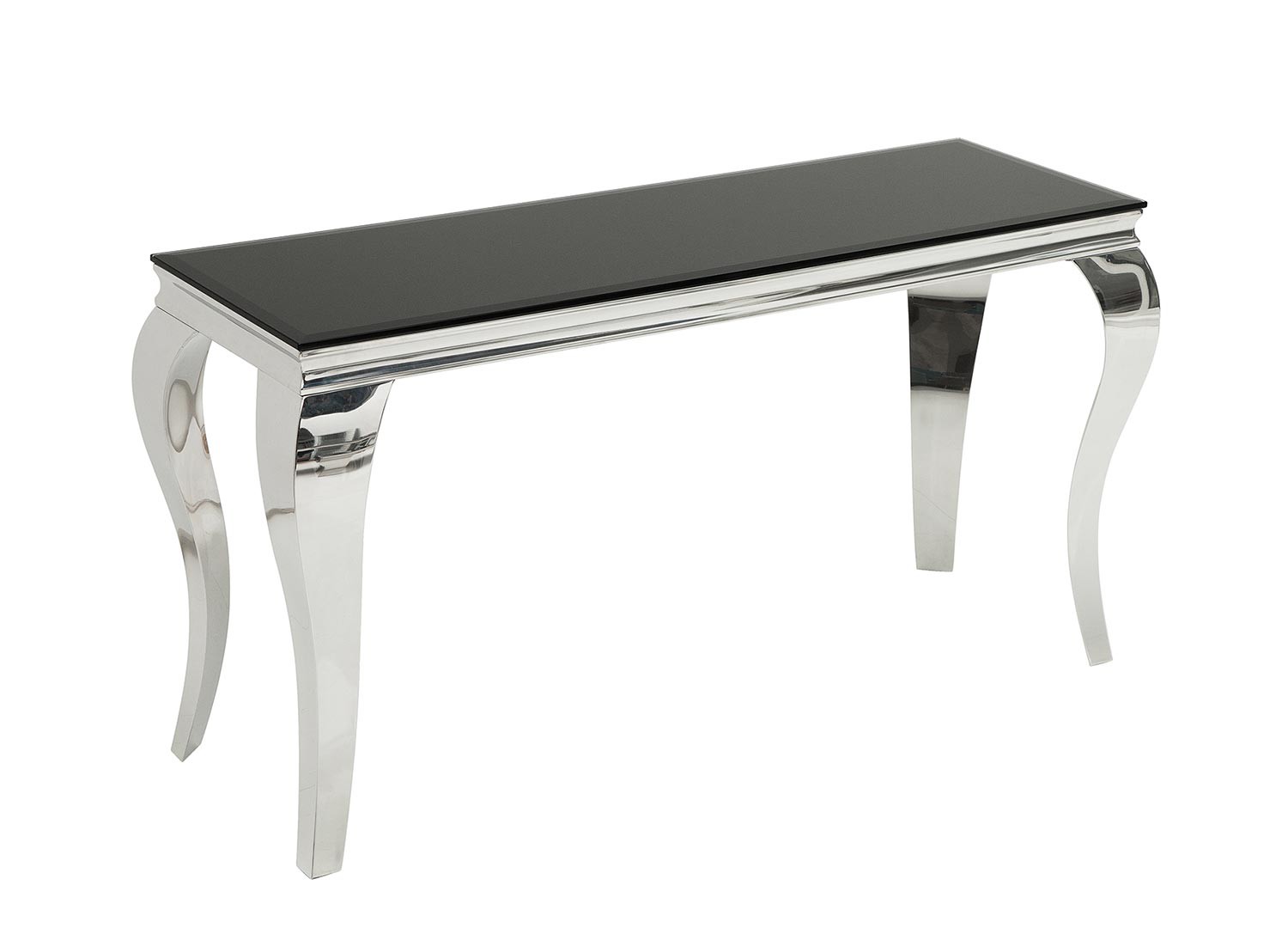 Console moderne baroque verre opale noir et pied en acier poli