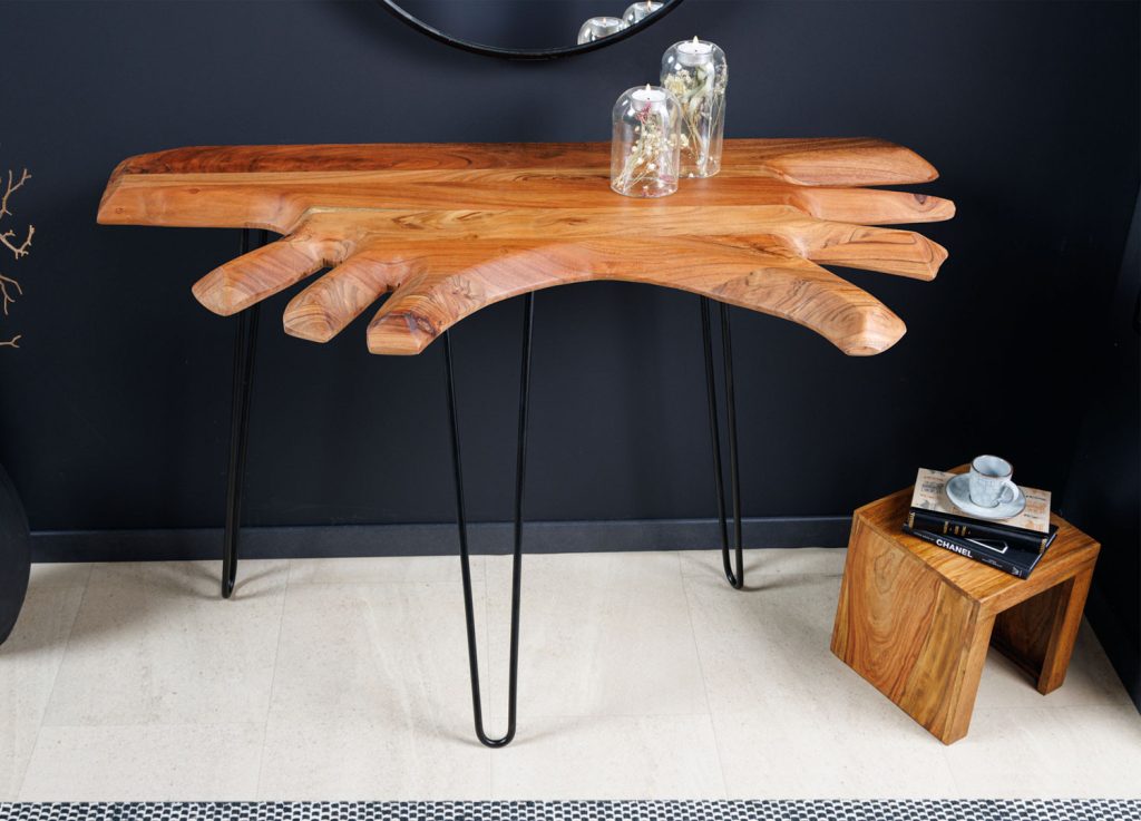 Console originale bois d'acacia et pied épingle en métal noir