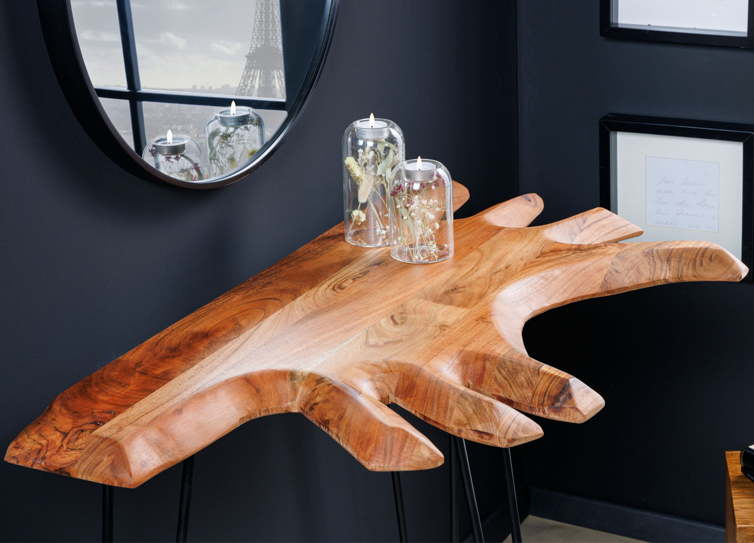 Console originale bois d'acacia et pied épingle en métal noir
