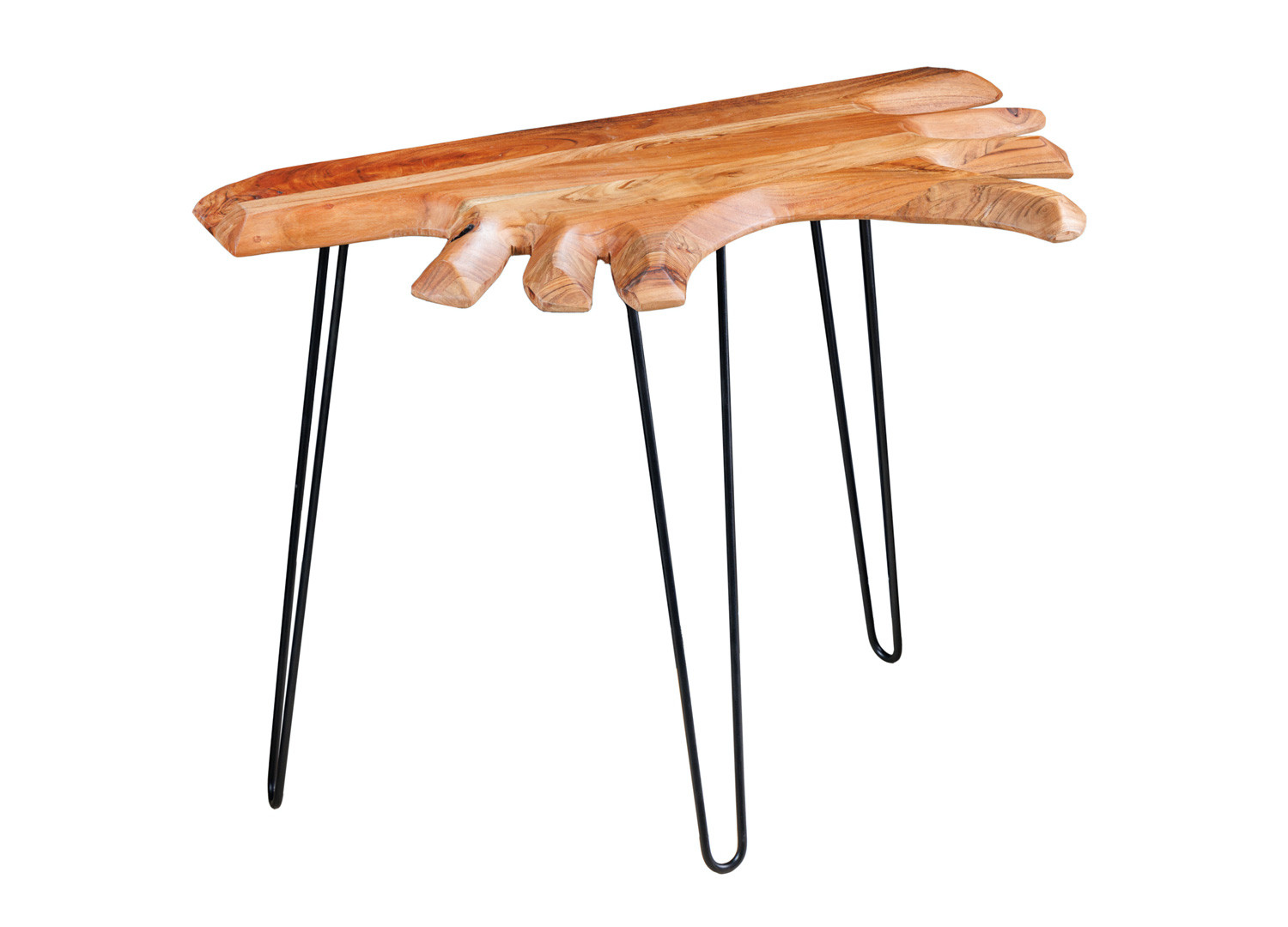 Console originale bois d'acacia et pied épingle en métal noir
