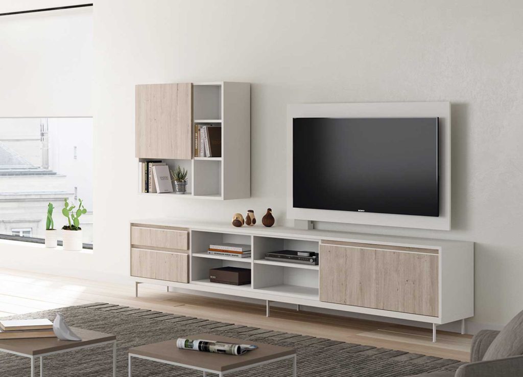 Ensemble meuble tv avec panneau tv blanc et chêne