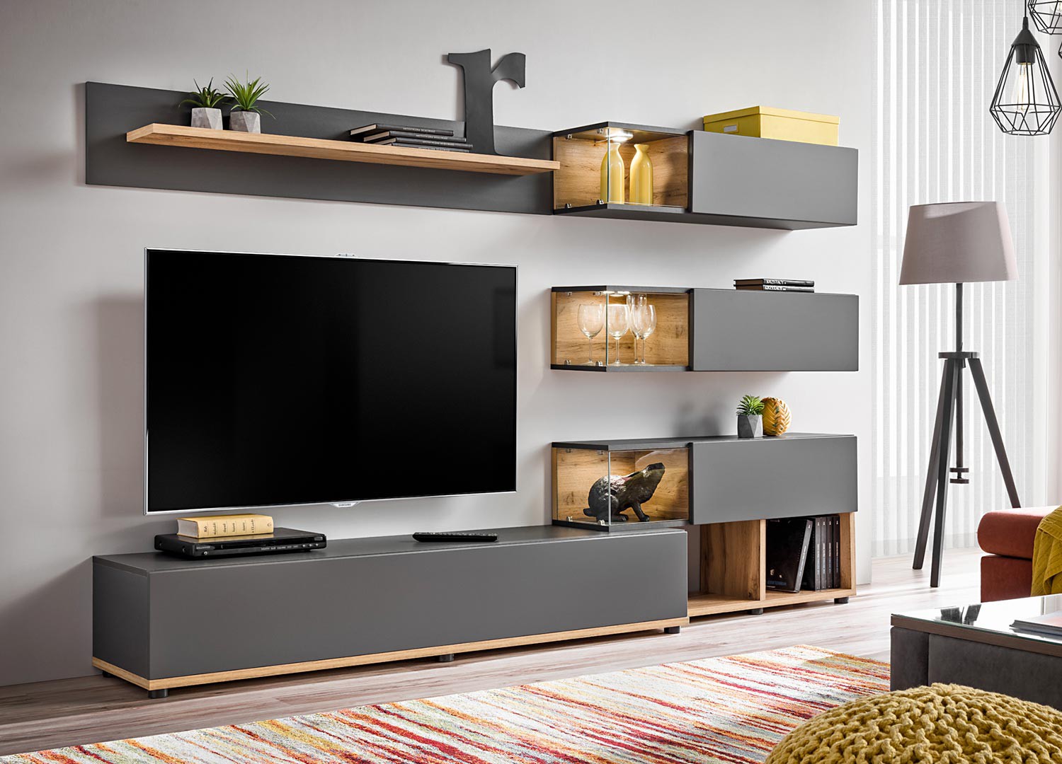 Ensemble meuble TV mural anthracite et bois