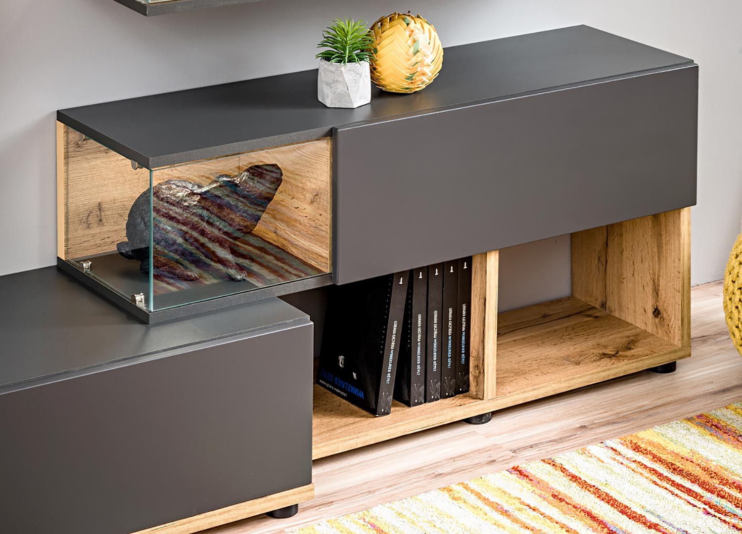 Ensemble meuble TV mural anthracite et bois