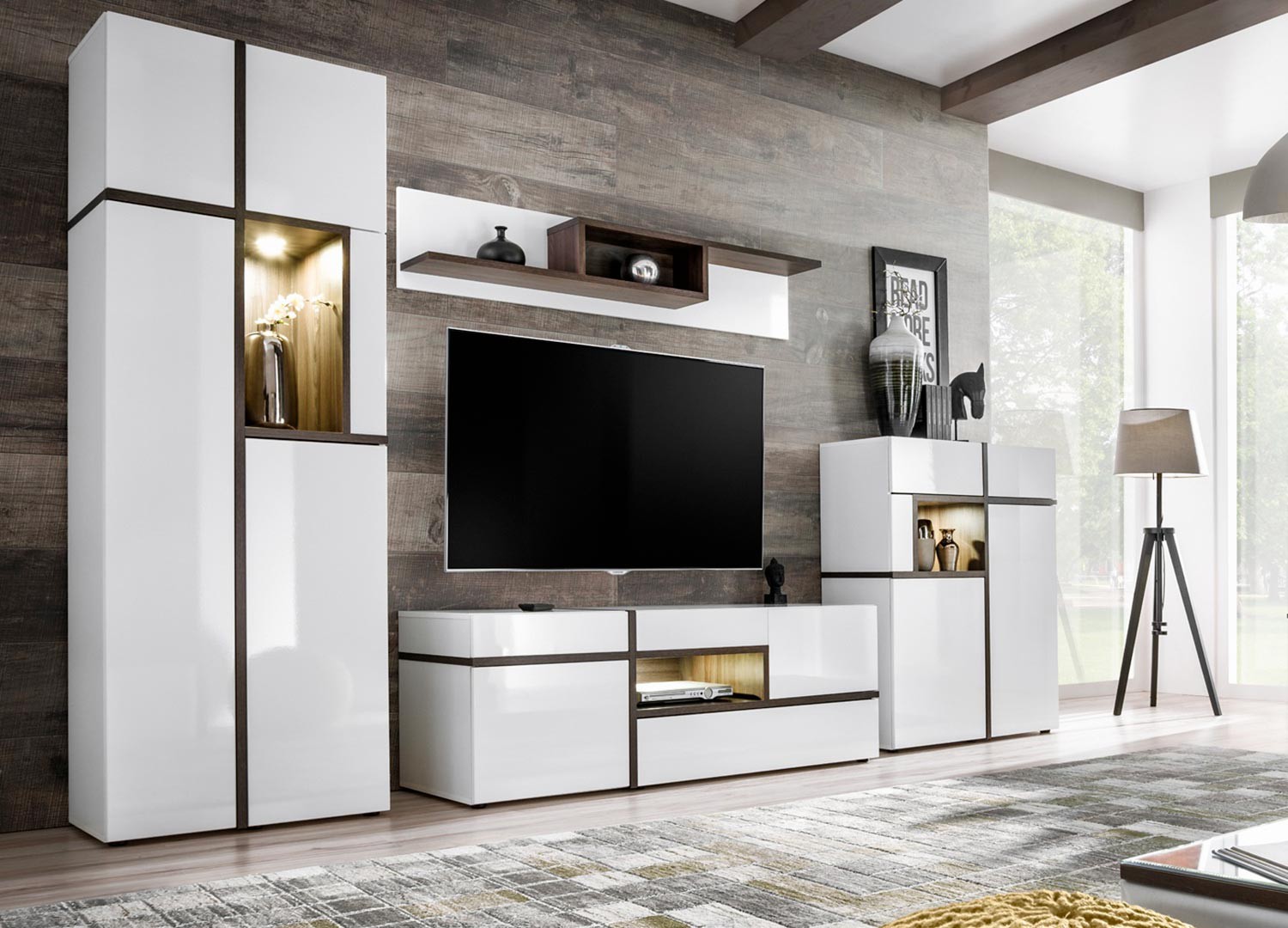 Ensemble meuble TV mural blanc à led