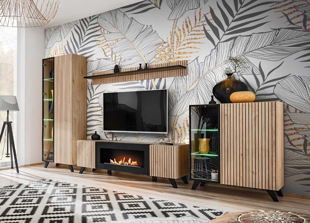 Ensemble meubles tv avec cheminée bio éthanol